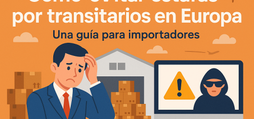Hombre preocupado frente a un almacén con una alerta de fraude logístico en pantalla. Ilustración de Yingpai sobre cómo evitar estafas por transitarios en Europa.