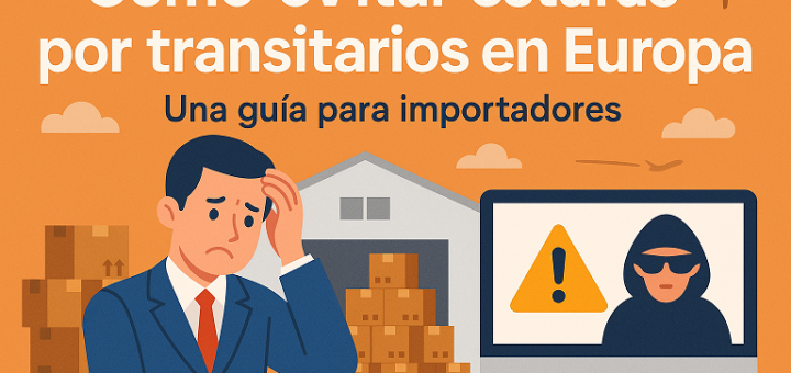 Hombre preocupado frente a un almacén con una alerta de fraude logístico en pantalla. Ilustración de Yingpai sobre cómo evitar estafas por transitarios en Europa.