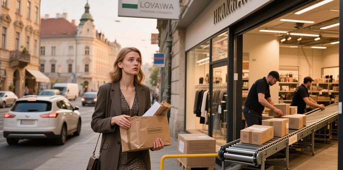 A Hungarian boutique with a customer returning goods at the entrance and a local consolidation hub nearby where goods are flowing orderly, showing the process of solving cross - border return problems.