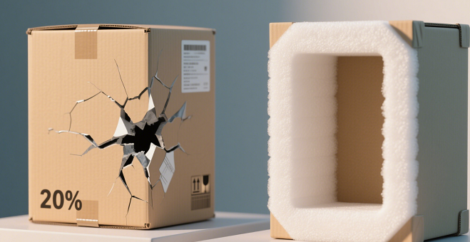 Side-by-side of Tomasz’s original packaging (left, 20% damage) vs. QA-redesigned packaging (right, 0% damage), highlighting foam thickness and corner guards.