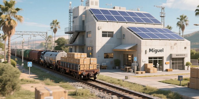 CO₂ emissions per ton-kilometer for air, sea, and solar-powered rail from China to Spain