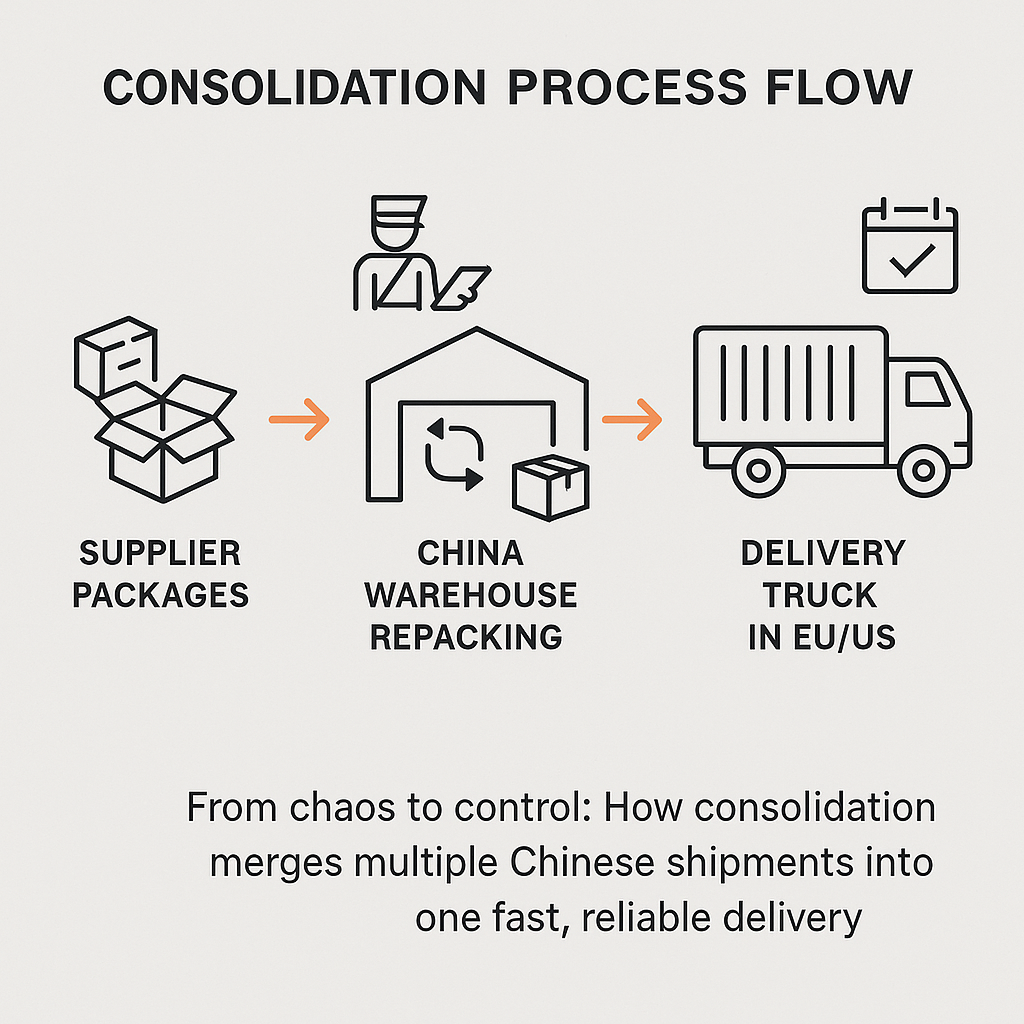 Fast consolidation shipping process infographic from China suppliers to European/North American door