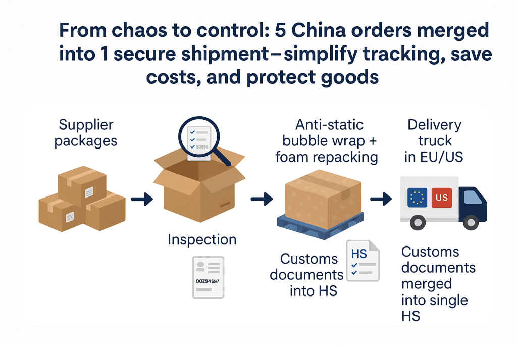 Safe consolidation infographic: merging supplier orders via inspection, packing, customs docs to EU/US delivery.