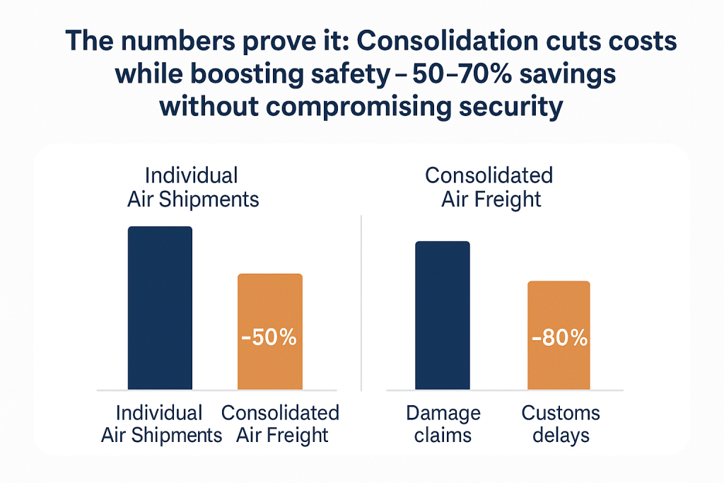 Cost-risk bar chart comparing individual vs consolidated shipping from China.